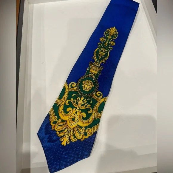 Gianni Versace Vintage Blue and Gold Silk Tie - Picture 1 of 3